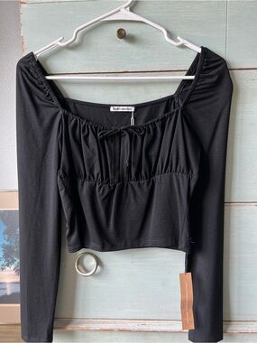Reformation Black Long-Sleeve Square-Neck Crop Top with Tie